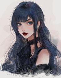 Rule 34 | 1girl, black choker, black dress, black eyes, black hair, choker, closed mouth, commentary, dress, final fantasy, final fantasy xiv, gaia (ff14), grey background, hyur, kanmay, lips, long hair, looking at viewer, off shoulder, red lips, solo, symbol-only commentary, upper body