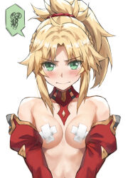 Rule 34 | 1girl, blonde hair, braid, breasts, detached collar, detached sleeves, fate/apocrypha, fate/grand order, fate (series), french braid, green eyes, highres, long hair, looking at viewer, mordred (fate), mordred (fate/apocrypha), navel, parted bangs, pasties, ponytail, pout, sidelocks, small breasts, solo, spoken squiggle, squiggle, tonee, topless