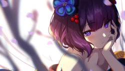 Rule 34 | 1girl, bare shoulders, blue eyes, blush, breasts, closed mouth, fate/grand order, fate (series), hair ornament, hairpin, highres, japanese clothes, katsushika hokusai (fate), kimono, large breasts, looking at viewer, off shoulder, petals, purple hair, short hair, solo, spider apple
