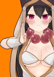 Rule 34 | 1girl, :3, bead necklace, beads, bikini, black hair, black hat, blush, breasts, cleavage, closed mouth, earrings, fate/grand order, fate (series), hair between eyes, hand up, hat, highres, hoop earrings, i.u.y, jewelry, large breasts, long hair, looking at viewer, necklace, orange background, prayer beads, purple eyes, simple background, solo, swimsuit, upper body, very long hair, white bikini, xuangzang sanzang (fate)