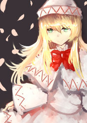 Rule 34 | 1girl, absurdres, black background, blonde hair, dress, fanshu, faux traditional media, green eyes, hat, highres, lily white, long hair, long sleeves, looking at viewer, petals, ribbon, simple background, smile, solo, touhou, wide sleeves