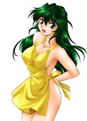 Rule 34 | 1girl, apron, breasts, covered erect nipples, green eyes, green hair, large breasts, manabe jouji, matching hair/eyes, naked apron, smile, solo