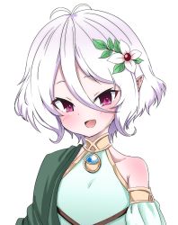 Rule 34 | 1girl, antenna hair, commentary, detached sleeves, dress, enikuma, flower, green dress, hair between eyes, hair flower, hair ornament, highres, jewelry, kokkoro (princess connect!), looking at viewer, open mouth, pendant, pointy ears, portrait, princess connect!, purple eyes, short hair, silver hair, simple background, smile, solo, white background, white flower
