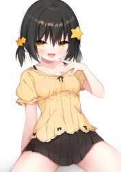 Rule 34 | 1girl, :d, black hair, black skirt, blush, breasts, collarbone, commentary, cowboy shot, fang, hair between eyes, hair ornament, highres, huei nazuki, looking at viewer, open mouth, original, pleated skirt, puffy short sleeves, puffy sleeves, shirt, short hair, short sleeves, simple background, sitting, skirt, small breasts, smile, solo, star (symbol), star hair ornament, symbol-only commentary, thighs, twintails, white background, yellow eyes, yellow shirt