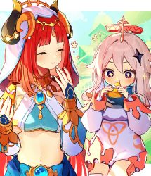 Rule 34 | 2girls, absurdres, blue gemstone, blue skirt, blush, bracer, breasts, brooch, cake, chiroron, circlet, closed eyes, commentary request, crop top, detached sleeves, eating, food, food in mouth, gem, genshin impact, gold trim, hair between eyes, hair ornament, hands up, harem outfit, highres, holding, holding food, horns, jewelry, long sleeves, medium breasts, midriff, multiple girls, navel, neck ring, nilou (genshin impact), paimon (genshin impact), parted bangs, puffy long sleeves, puffy sleeves, purple eyes, skirt, sparkling eyes, stomach, twitter username, veil, white hair