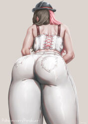 Rule 34 | 1girl, artist name, ass, ass focus, back, backboob, bare shoulders, bowler hat, breasts, brown hair, corset, feathers, from behind, grey background, hat, huge ass, kuon (kwonchanji), long hair, medium breasts, multicolored hair, neo politan, pants, pantylines, pink hair, pocket, rwby, solo, suspenders, thick thighs, thighs, tight clothes, tight pants, white pants