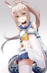 Rule 34 | 1girl, absurdres, ayanami (azur lane), azur lane, bad id, bad pixiv id, bare shoulders, benedia, black choker, blue sailor collar, blue skirt, brown hair, choker, collarbone, convenient leg, cowboy shot, crop top, crop top overhang, fang, feet, floating hair, from below, frown, gluteal fold, gradient background, grey background, hair between eyes, hair ornament, headgear, high ponytail, highres, long hair, long sleeves, midriff, miniskirt, navel, no panties, no shoes, ponytail, red eyes, retrofit (azur lane), revision, sailor collar, shaded face, shirt, skirt, solo, standing, standing on one leg, thighhighs, very long hair, white shirt, white thighhighs, wide sleeves, yellow neckwear