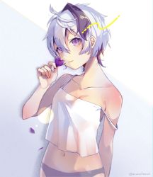 Rule 34 | 1girl, :3, bare shoulders, camisole, collarbone, commentary, flower, flower (vocaloid), flower (vocaloid4), head tilt, holding, holding flower, looking at viewer, midriff, multicolored hair, navel, nou (nounknown), panties, petals, purple eyes, purple flower, purple hair, short hair, shoulder blush, smelling flower, smile, solo, streaked hair, underwear, underwear only, upper body, vocaloid, white hair