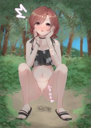 Rule 34 | 1girl, absurdres, anus, bar censor, blush, bottomless, brown hair, bush, censored, highres, higuchi madoka, himematsu, idolmaster, idolmaster shiny colors, looking at viewer, navel, open mouth, outdoors, peeing, puddle, pussy, red eyes, sandals, solo, squatting, swimsuit