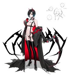Rule 34 | 1girl, absurdres, arthropod limbs, azur lane, bare shoulders, black choker, black hair, black robe, black thighhighs, breasts, c-string, cameltoe, choker, clothing request, cross piercing, full body, hair over one eye, high heels, highres, horns, jacket, large breasts, long sleeves, looking at viewer, multicolored hair, navel, o-ring, ohisashiburi, red horns, robe, short hair, simple background, skindentation, slit pupils, spikes, standing, strapless bottom, takopii no genzai, thighhighs, translation request, two-tone hair, ulrich von hutten (azur lane), yellow eyes