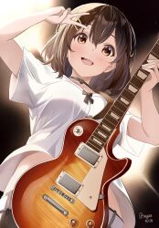Rule 34 | 1girl, :d, brown eyes, brown hair, commentary request, electric guitar, guitar, hair between eyes, hair ornament, hairclip, hands up, highres, hirasawa yui, holding, holding instrument, instrument, k-on!, midriff peek, nagare (flow), open mouth, shirt, short hair, smile, solo, teeth, upper teeth only, v, white shirt