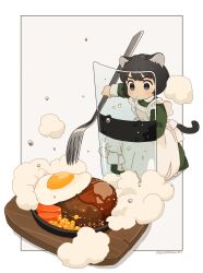 Rule 34 | 1girl, akai sashimi, animal ears, apron, artist name, black eyes, black hair, blush, border, carrot, cat ears, closed mouth, corn, double-parted bangs, dress, fork, fried egg, frilled apron, frills, green dress, grey background, highres, holding, holding fork, light frown, long sleeves, looking at object, maid, original, outside border, oversized object, riot shield, shield, short hair, simple background, skillet, smoke, solo, straight hair, v-shaped eyebrows, white apron, white border