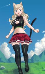 Rule 34 | 1girl, animal ears, blonde hair, blue eyes, blush, breasts, cat cutout, cat ears, cleavage, cleavage cutout, clothing cutout, cst tail, earrings, eden&#039;s zero, gaston18, heart, heart earrings, highres, jewelry, large breasts, long hair, midriff, navel, rebecca bluegarden, skirt, solo, tagme, tail, thighhighs