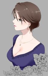 Rule 34 | 1girl, breasts, brown hair, cleavage, closed mouth, collarbone, earrings, flower, from side, green eyes, grey background, idolmaster, idolmaster cinderella girls, idolmaster cinderella girls starlight stage, itou katsumi, jewelry, large breasts, looking at another, necklace, purple shirt, rose, shinohara rei, shirt, short hair, simple background, solo