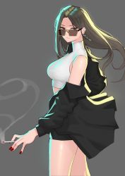 Rule 34 | 1girl, absurdres, black jacket, black skirt, breasts, brown eyes, character request, cigarette, closed mouth, commentary, cropped shirt, dungeon and fighter, earrings, english commentary, fingernails, floating hair, from side, grey background, grey hair, highres, holding, holding cigarette, jacket, jewelry, large breasts, long hair, looking at viewer, looking over eyewear, miniskirt, nail polish, open clothes, open jacket, red nails, rktlek159, shirt, simple background, skirt, sleeveless, sleeveless shirt, smoke, solo, standing, sunglasses, white shirt