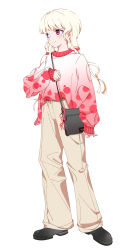 Rule 34 | 1girl, absurdres, adapted costume, bag, contemporary, ebisu eika, handbag, highres, long earlobes, long hair, low twintails, mizoreshi, pants, red eyes, shirt tucked in, smile, solo, sweater, touhou, twintails, white hair