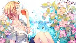 Rule 34 | apple, bad id, bad pixiv id, blonde hair, blue eyes, bubble, flower, food, fruit, kagamine rin, out of eden (vocaloid), sasasasa, short hair, snake, solo, vocaloid