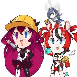 Rule 34 | animal ears, black hair, blue eyes, blue hair, bow, chicken nuggets, collar, dasdokter, detached sleeves, dice hair ornament, earrings, food, hair intakes, hair ornament, hakos baelz, hard hat, helmet, heterochromia, highres, hololive, hololive english, horns, irys (hololive), irys (irys 1.0) (hololive), jewelry, kfp, long hair, mouse ears, mouse girl, mouse tail, mr. squeaks (hakos baelz), multicolored hair, multiple girls, open mouth, ouro kronii, pointy ears, purple eyes, purple hair, red hair, short hair, spiked collar, spikes, streaked hair, tail, twintails, virtual youtuber, white hair
