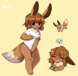 Rule 34 | 1girl, black eyes, blush, body fur, bottomless, breasts, brown fur, brown hair, creatures (company), eevee, embarrassed, female focus, furry, furry female, game freak, gen 1 pokemon, highres, looking at viewer, medium breasts, naked shirt, nintendo, open mouth, poke ball symbol, pokemon, pokemon (creature), ressue (gomgom), shirt, shirt tug, simple background, solo, spoken expression, t-shirt, transformation, white shirt, yellow background