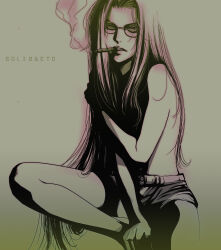 Rule 34 | 1girl, absurdres, artist name, bare shoulders, cigar, covering chest, covering privates, glasses, hellsing, highres, integra hellsing, invisible chair, long hair, serious, short shorts, shorts, sitting, smoke, smoking, solo, topless, toshimichi yukari, very long hair