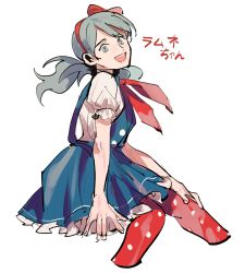 Rule 34 | 1girl, bad id, bad twitter id, blue hair, character name, dress, kendy (revolocities), long hair, looking at viewer, original, pantyhose, personification, pinafore dress, polka dot, polka dot legwear, puffy short sleeves, puffy sleeves, ramune, ramune-chan, red pantyhose, short sleeves, simple background, sitting, sketch, sleeveless dress, smile, solo, twintails, white background