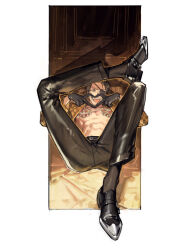 Rule 34 | 1boy, abs, belt, black belt, black footwear, black gloves, black hair, black pants, brown eyes, chest tattoo, door, eyepatch, gloves, heart, heart hands, jewelry, looking at viewer, majima goro, male focus, necklace, open clothes, open mouth, open shirt, pants, ryuu ga gotoku (series), sharp teeth, shirt, short hair, sitting, solo, starshadowmagician, tattoo, teeth, tongue, tongue out, yellow shirt