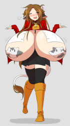 Rule 34 | 1girl, animal ears, animal print, bell, black skirt, blush, boots, breasts, brown hair, closed eyes, collar, cow ears, cow girl, cow horns, cow print, cow tail, cowbell, gigantic breasts, highres, horns, long hair, matsu-sensei, mattie (ego trigger), miniskirt, neck bell, pasties, pleated skirt, sigh, simple background, skirt, solo, standing, sweater, tail, thighhighs, zettai ryouiki