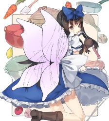 Rule 34 | 1girl, bad id, bad pixiv id, black hair, blue bow, blue dress, boots, bow, brown footwear, carrot, commentary request, dress, fairy wings, food, fruit, frying pan, hair bow, holding, ladle, lemon, long hair, looking at viewer, meat, mittens, pot, puffy short sleeves, puffy sleeves, short sleeves, smile, solo, star sapphire, suminagashi, tomato, touhou, wings