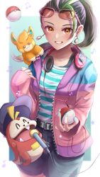 Rule 34 | 1girl, alternate costume, belt, black hair, blush, brown eyes, commentary request, creatures (company), earrings, eyelashes, freckles, fuecoco, game freak, green hair, grin, headphones, highres, holding, holding poke ball, jacket, jewelry, long sleeves, looking at viewer, multicolored hair, nail polish, nemona (pokemon), nintendo, open clothes, open jacket, pants, pawmi, poke ball, poke ball (basic), pokemon, pokemon (creature), pokemon sv, ponytail, ryoku illus, shirt, smile, striped clothes, striped shirt, sunglasses, teeth, two-tone hair, zipper
