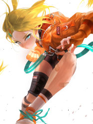 Rule 34 | 1girl, bandaid, bandaid on leg, bike shorts, black shorts, black survival, blonde hair, blue eyes, clenched hand, clothes writing, emirp199, fighting stance, fingerless gloves, gloves, highres, jacket, kneehighs, looking at viewer, midriff, nicky blake, orange footwear, orange jacket, short shorts, shorts, simple background, socks, solo, tagme, white background, white socks