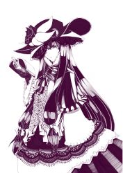 Rule 34 | 1girl, alternate costume, book, crescent, dress, female focus, flower, hair ribbon, hat, hat flower, holding, holding book, i-la, long hair, looking at viewer, millipen (medium), monochrome, nib pen (medium), one eye covered, patchouli knowledge, ribbon, rose, solo, touhou, traditional media, transparent background, veil, very long hair, vest, wide sleeves