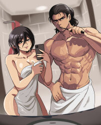 Rule 34 | 1boy, 1girl, absurdres, ass, bath, black hair, breasts, cellphone, eren yeager, hair bun, highres, large breasts, mikasa ackerman, muscular, muscular male, phone, pixie cut, red scarf, scarf, shingeki no kyojin, shower (place), smartphone, smile, taking picture, tina fate, toothbrush, towel, wet, wet hair, wide hips