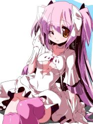 Rule 34 | 10s, 1girl, ;), bow, breasts, brown eyes, choker, cleavage cutout, clothing cutout, dress, gloves, hair bow, kaname madoka, mahou shoujo madoka magica, mahou shoujo madoka magica (anime), miuku (marine sapphire), one eye closed, pink hair, pink thighhighs, smile, solo, spoilers, thighhighs, two side up, ultimate madoka, wink