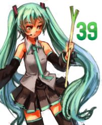 Rule 34 | 1girl, 39, detached sleeves, green eyes, green hair, hatsune miku, headset, long hair, matching hair/eyes, necktie, sachito, skirt, solo, spring onion, thighhighs, twintails, very long hair, vocaloid, white background