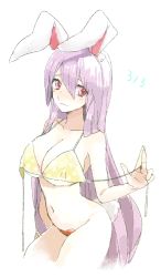 Rule 34 | 1girl, animal ears, bikini, bikini top only, blush, breasts, cleavage, dated, hinabu, large breasts, long hair, looking at viewer, purple hair, rabbit ears, rabbit girl, rabbit tail, red eyes, reisen udongein inaba, simple background, solo, swimsuit, tail, touhou, untied, very long hair, white background, yellow bikini