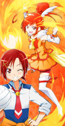 Rule 34 | 10s, 1girl, bike shorts, boots, cure sunny, dual persona, eyelashes, fiery background, fire, hair ornament, hairclip, hino akane (smile precure!), kakiuchi itsuki, magical girl, orange skirt, orange theme, precure, red eyes, red hair, red shorts, ribbon, shorts, shorts under skirt, skirt, sleeves rolled up, smile precure!, thigh boots, thighhighs