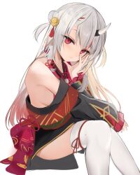 Rule 34 | 1girl, bare shoulders, bell, black sleeves, blush, breasts, closed mouth, commentary, double bun, expressionless, feet out of frame, gradient hair, grey hair, hair bell, hair between eyes, hair bun, hair ornament, hand on own knee, highres, hololive, horns, invisible chair, iruka3, japanese clothes, kimono, knees together feet apart, knees up, long hair, looking at viewer, medium breasts, multicolored hair, nakiri ayame, nakiri ayame (1st costume), off shoulder, oni, red eyes, red hair, red kimono, sideboob, simple background, sitting, skin-covered horns, small breasts, solo, streaked hair, tabi, thighhighs, thighs, two side up, virtual youtuber, white background, white horns, white thighhighs