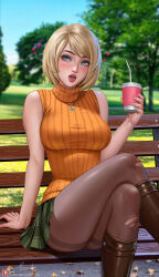 Rule 34 | 1girl, alexander dinh, arm support, ashley graham, bench, blonde hair, blue eyes, boots, breasts, brown pantyhose, crossed legs, cup, day, disposable cup, drinking straw, feet out of frame, green skirt, hand up, heart, highres, holding, holding cup, jewelry, large breasts, lips, looking at viewer, necklace, open mouth, orange sweater, outdoors, pantyhose, patreon logo, pleated skirt, resident evil, resident evil 4, resident evil 4 (remake), signature, sitting, skirt, sleeveless, sleeveless sweater, sleeveless turtleneck, sweater, thighband pantyhose, torn clothes, torn pantyhose, tree, turtleneck, turtleneck sweater, watermark, web address