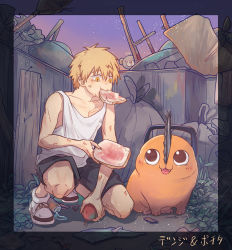 Rule 34 | 1boy, blonde hair, bread, chainsaw, chainsaw man, child, denji (chainsaw man), dirty, dirty clothes, dirty face, dumpster, eating, food, hair between eyes, holding, jiangmoluo, open mouth, pectoral cleavage, pectorals, pochita (chainsaw man), sharp teeth, shirt, shoes, short hair, shorts, sneakers, tank top, teeth, white shirt, white tank top, yellow eyes