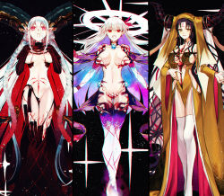 Rule 34 | + +, 3girls, absurdres, albino (a1b1n0623), black background, black hair, braid, breasts, chromatic aberration, cleavage, closed eyes, crossed bangs, curled horns, dress, facial mark, fate/grand order, fate (series), flower, forehead mark, gloves, hair between eyes, hair ribbon, halo, highres, horns, huge filesize, kama (beast iii/l) (fate), kama (fate), large breasts, long hair, long horns, looking at viewer, lotus, multiple girls, navel, open mouth, parted bangs, pelvic curtain, pointy ears, pubic tattoo, red eyes, ribbon, sessyoin kiara, sessyoin kiara (beast iii/r), smile, sparkle, star (sky), stomach tattoo, striped clothes, striped gloves, symbol-shaped pupils, tattoo, thighhighs, thighs, tiamat (fate), twin braids, vertical-striped clothes, vertical-striped gloves, very long hair, white hair, wide sleeves, yellow eyes