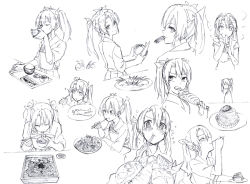 Rule 34 | 10s, 1girl, apple rabbit, blush, bread, chopsticks, eating, food, food art, food in mouth, greyscale, hair down, hair ribbon, ikayaki, japanese clothes, kagerou (kancolle), kantai collection, kitchen knife, long hair, monochrome, mouth hold, multiple views, muneate, noodles, popsicle, ramen, ribbon, shirubaburu, simple background, smile, squid, traditional media, twintails, upper body, white background, zuikaku (kancolle)