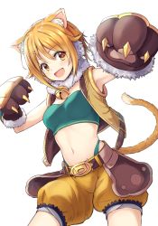 Rule 34 | 1girl, :d, animal ear fluff, animal ears, animal hands, armpits, bandeau, bare shoulders, bell, belt, blonde hair, blush, breasts, cat ears, cat paws, cat tail, cowboy shot, crop top, dargo, earmuffs, fur collar, green panties, green shirt, hair ornament, hairclip, highleg, highleg panties, hiyori (princess connect!), jingle bell, legs apart, looking at viewer, medium breasts, midriff, navel, open mouth, panties, princess connect!, puffy shorts, shirt, short hair, shorts, sidelocks, simple background, smile, solo, standing, tail, underwear, v-shaped eyebrows, vest, white background, yellow eyes, yellow shorts, yellow vest