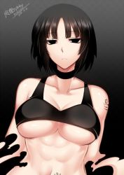 Rule 34 | 1girl, abs, bare shoulders, black background, black bra, black choker, black eyes, black hair, bra, breasts, choker, closed mouth, commentary request, dated, gradient background, jitome, konshin, large breasts, looking at viewer, original, short hair, signature, solo, underboob, underwear, upper body