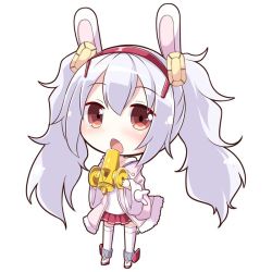 Rule 34 | 1girl, animal ears, azur lane, bad id, bad twitter id, bare shoulders, blush, brown eyes, camisole, chibi, commentary request, full body, hair between eyes, hairband, holding, holding instrument, holding whistle, instrument, jacket, laffey (azur lane), long hair, long sleeves, memorii (memory 0w0), music, off shoulder, open clothes, open jacket, open mouth, pink jacket, playing instrument, pleated skirt, rabbit ears, red hairband, red skirt, rudder footwear, samba whistle, shoes, silver hair, simple background, skirt, solo, standing, thighhighs, twintails, very long hair, whistle, white background, white camisole, white footwear, white thighhighs, wide sleeves