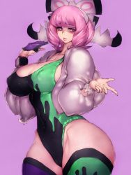 Rule 34 | 1girl, adapted costume, alternate breast size, asymmetrical legwear, black thighhighs, breasts, cameltoe, cleavage, closed mouth, covered erect nipples, cowboy shot, creatures (company), curvy, fumio (rsqkr), game freak, gloves, green thighhighs, hair ornament, half gloves, highleg, highleg leotard, highres, jacket, klara (pokemon), large breasts, leotard, lips, long sleeves, looking at viewer, matching hair/eyes, mole, mole under mouth, nintendo, pink background, pink eyes, pink hair, pokemon, pokemon swsh, short hair, simple background, single glove, solo, thighhighs, thighs, uneven legwear, wide hips
