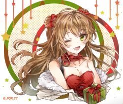 Rule 34 | 1girl, armpit peek, bad id, bad pixiv id, bare shoulders, blush, bow, bow choker, breasts, brown hair, buckle, choker, christmas, christmas ornaments, cleavage, coat, collarbone, double bun, dress, duffel coat, floating hair, fur trim, gift, girls&#039; frontline, green eyes, hair bow, hair bun, hand up, head tilt, long hair, looking at viewer, medium breasts, official alternate costume, one eye closed, open clothes, open coat, open mouth, por (downletgo), portrait, red bow, red dress, rfb (girls&#039; frontline), rfb (how rfb stole xmas) (girls&#039; frontline), ribbon choker, santa costume, smile, solo, star (symbol), strap, thighs, twitter username
