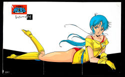 1980s (style), aqua hair, ass, bare shoulders, blue hair, boots, breasts, cleavage, folded, gloves, hirano toshihiro, legs, leotard, leotard aside, lying, ninja senshi tobikage, oldschool, on stomach, reni ai, retro artstyle, scan, scan artifacts, seductive smile, smile, strap slip