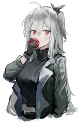 Rule 34 | 1girl, ahoge, apple, arknights, arm up, belt, black bow, black gloves, black jacket, black shirt, bow, breasts, commentary, covering own mouth, cropped torso, eating, food, fruit, gloves, gnai, grey belt, grey hair, hair between eyes, hair bow, highres, holding, holding food, holding fruit, jacket, lapels, large breasts, long hair, looking at viewer, notched lapels, one side up, open clothes, open jacket, red eyes, shirt, simple background, skadi (arknights), skadi (the next afternoon tea) (arknights), solo, white background