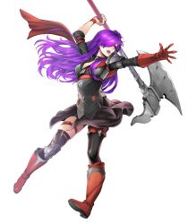 Rule 34 | 1girl, armor, axe, battle axe, boots, breasts, cape, elbow gloves, female focus, fire emblem, fire emblem: three houses, fire emblem heroes, fire emblem warriors: three hopes, full body, gloves, hair bun, hair over one eye, highres, holding, holding axe, holding weapon, knee boots, knee pads, long hair, matching hair/eyes, medium breasts, nintendo, non-web source, official art, orange footwear, orange gloves, purple eyes, purple hair, shez (female) (fire emblem), shez (fire emblem), shoulder armor, single glove, solo, thigh strap, thighhighs, thighs, toyota saori, transparent background, weapon, zettai ryouiki