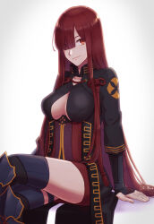 Rule 34 | 1girl, alternate costume, breasts, cleavage, fate/grand order, fate (series), highres, large breasts, long hair, medium breasts, oda nobunaga (fate), oda nobunaga (maou avenger) (fate), okita souji (fate), okita souji alter (fate), red eyes, red hair, simple background, sitting, smile, solo, very long hair, white background, yzrh0